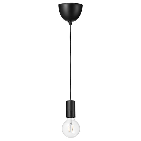 SUNNEBY / LUNNOM - Pendant lamp with bulb, globe black/transparent