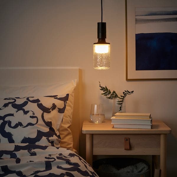 Ikea SUNNEBY / MOLNART - Pendant lamp with bulb, white fabric/patterned tube ,