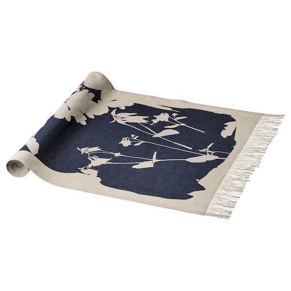 SVARTVIDE - Table-runner, patterned natural/black-blue, 40x160 cm