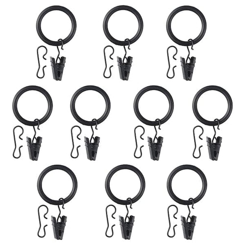SYRLIG - Curtain ring with clip and hook, black, 25 mm