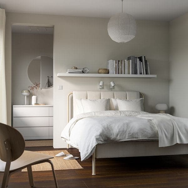 Ikea TÄLLÅSEN - Upholstered bed frame/mattress, Kulsta light beige/Åkrehamn semi-rigid, ,