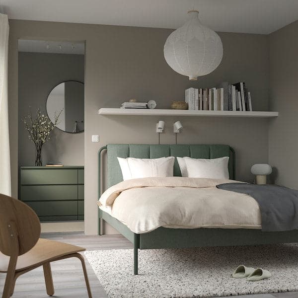 TÄLLÅSEN - Upholstered bed frame/mattress, Kulsta grey-green/Åkrehamn semi-rigid, , 160x200 cm - best price from Maltashopper.com 19536916