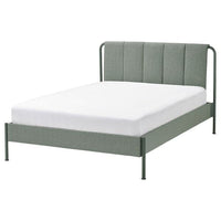 TÄLLÅSEN upholstered bed frame with mattress, Kulsta grey-green/Valevåg extra firm, 140x200 cm