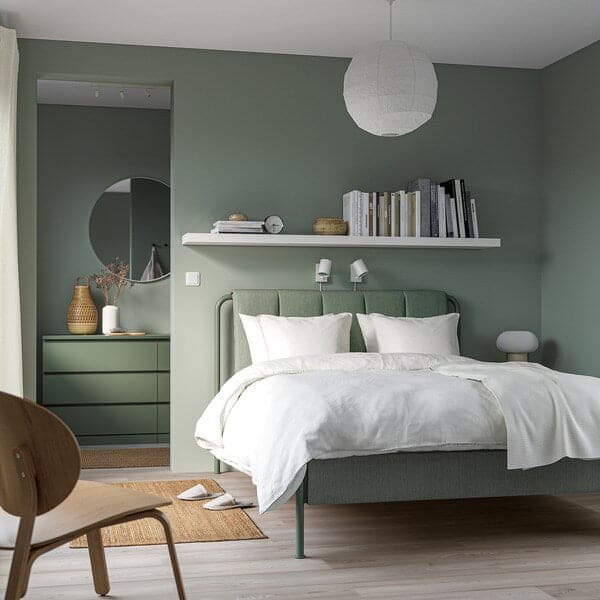 TÄLLÅSEN - Upholstered bed frame/mattress, Kulsta grey-green/Valevåg extra-rigid, , 140x200 cm - best price from Maltashopper.com 59537117