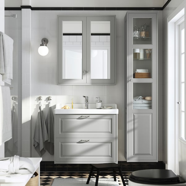 TÄNNFORSEN - Mirror cabinet with doors, light grey,80x15x95 cm - best price from Maltashopper.com 70535131