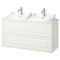 TÄNNFORSEN / RUTSJÖN wash-stnd w drawers/wash-basin/taps, white/white marble effect, 122x49x76 cm