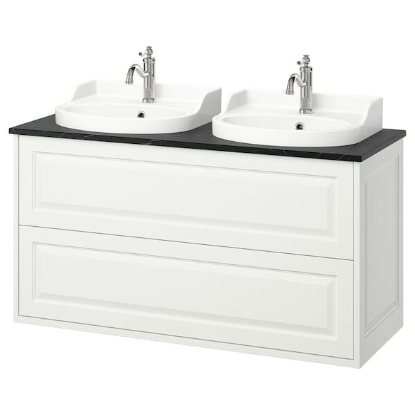 Ikea TÄNNFORSEN / RUTSJÖN - White/black marble-effect washbasin/drawer/mixer cabinet,122x49x76 cm