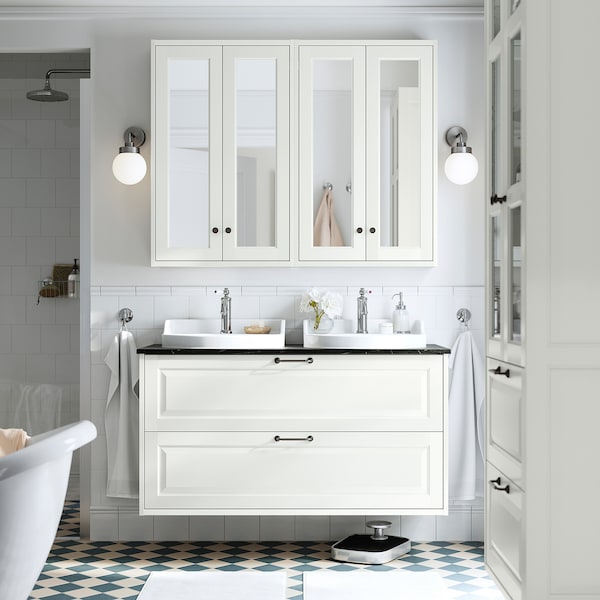 TÄNNFORSEN / RUTSJÖN - White/black marble-effect washbasin/drawer/mixer cabinet,122x49x76 cm - best price from Maltashopper.com 19521613