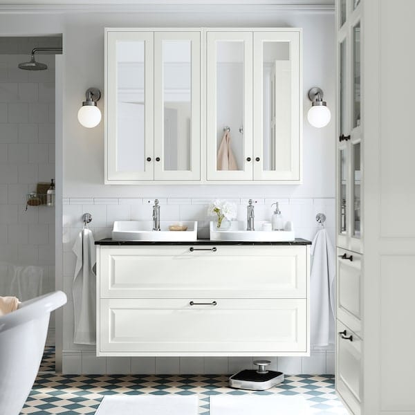 Ikea TÄNNFORSEN / RUTSJÖN - White/black marble-effect washbasin/drawer/mixer cabinet,122x49x76 cm