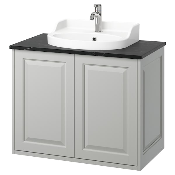 TÄNNFORSEN / RUTSJÖN - Washbasin/sink/black marble-effect cabinet, light grey/black, 82x49x76 cm - best price from Maltashopper.com 39529991