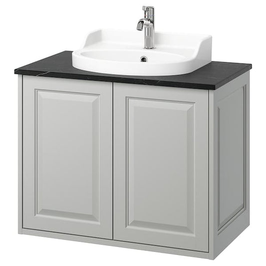 Ikea TÄNNFORSEN / RUTSJÖN - Washbasin/sink/black marble-effect cabinet, light grey/black, 82x49x76 cm