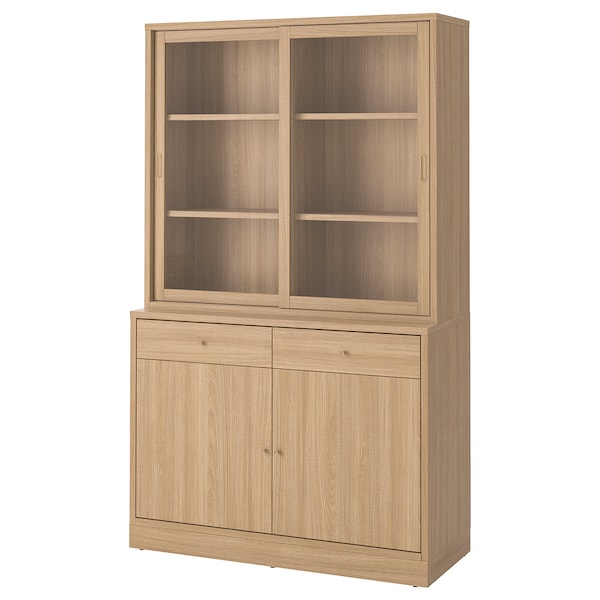 TONSTAD - Storage comb w sliding glass doors, oak veneer/clear glass, 121x47x201 cm