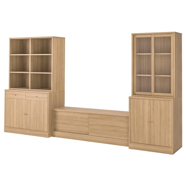 Ikea TONSTAD - TV storage combination, oak veneer/clear glass, 381x47x201 cm