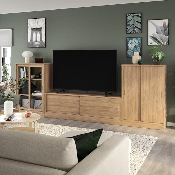Ikea TONSTAD - TV/storage comb with sliding doors, oak veneer/clear glass, 342x37x120 cm
