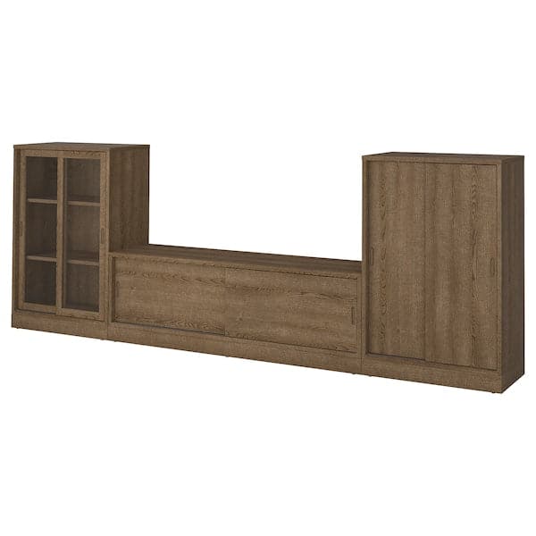 TONSTAD - TV/storage comb with sliding doors, brown stained oak veneer/clear glass, 342x37x120 cm