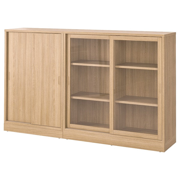 TONSTAD - Storage combination w sliding doors, oak veneer/clear glass, 202x37x120 cm