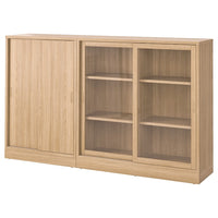 TONSTAD - Storage combination w sliding doors, oak veneer/clear glass, 202x37x120 cm