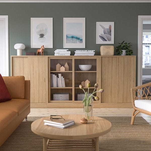Ikea TONSTAD - Storage combination w sliding doors, oak veneer/clear glass, 284x37x120 cm