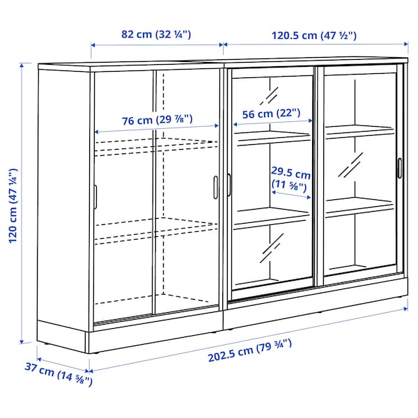 TONSTAD - Storage combination w sliding doors, oak veneer/clear glass, 202x37x120 cm