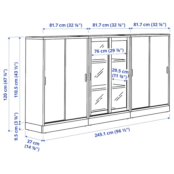 TONSTAD - Storage combination w sliding doors, oak veneer/clear glass, 245x37x120 cm