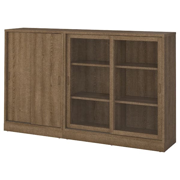 TONSTAD - Storage combination w sliding doors, brown stained oak veneer/clear glass, 202x37x120 cm