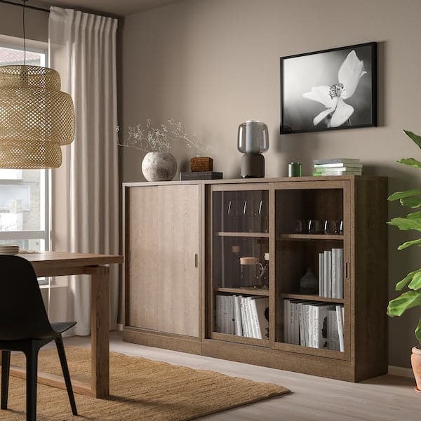 Ikea TONSTAD - Storage combination w sliding doors, brown stained oak veneer/clear glass, 202x37x120 cm