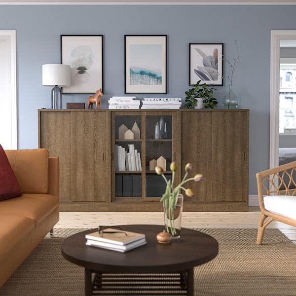 Ikea TONSTAD - Storage combination w sliding doors, brown stained oak veneer/clear glass, 245x37x120 cm