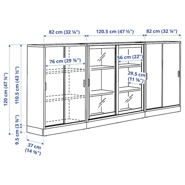 Ikea TONSTAD - Storage combination w sliding doors, brown stained oak veneer/clear glass, 284x37x120 cm