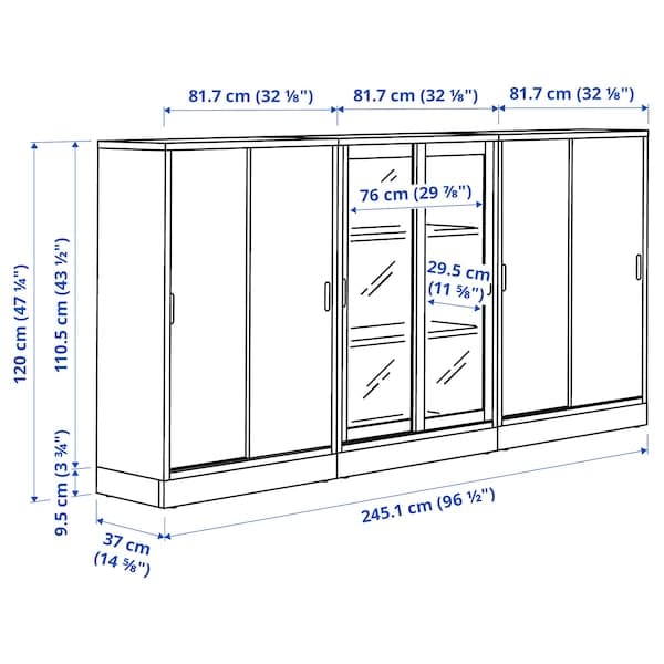Ikea TONSTAD - Storage combination w sliding doors, brown stained oak veneer/clear glass, 245x37x120 cm