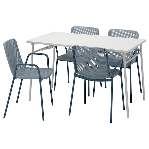 TORPARÖ - Table+4 chairs w armrests, outdoor, white/light grey-blue, 130 cm - best price from Maltashopper.com 49494868
