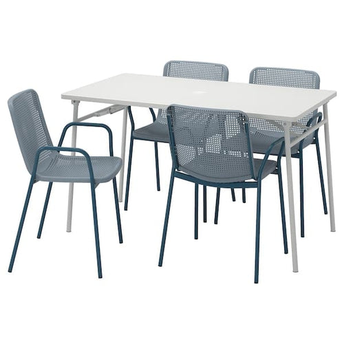 TORPARÖ - Table+4 chairs w armrests, outdoor, white/light grey-blue, 130 cm