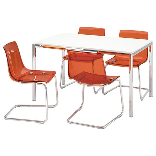TORSBY / TOBIAS - Table and 4 chairs, high-gloss/white chrome-plated/chrome-plated brown/red