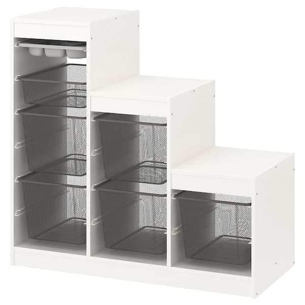 TROFAST - Storage combination with boxes/tray, white grey/dark grey, 99x44x94 cm