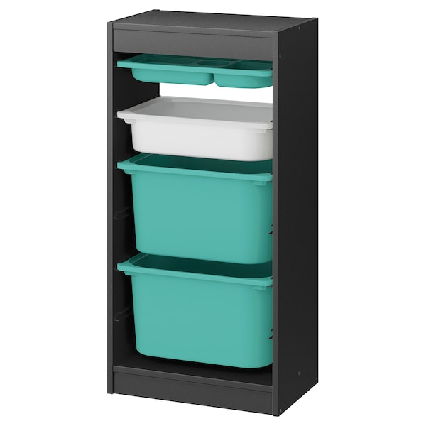 TROFAST - Storage combination with boxes/tray, grey turquoise/white, 46x30x94 cm