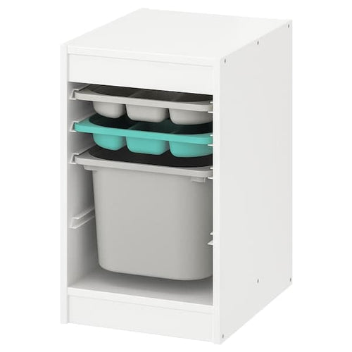 TROFAST - Storage combination with box/trays, white grey/turquoise, 34x44x56 cm