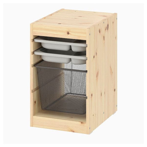 TROFAST - Storage combination with box/trays, light white stained pine grey/dark grey, 32x44x52 cm