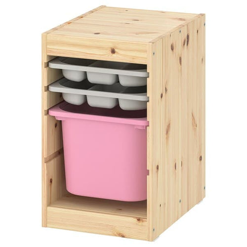 TROFAST - Storage combination with box/trays, light white stained pine grey/pink, 32x44x52 cm