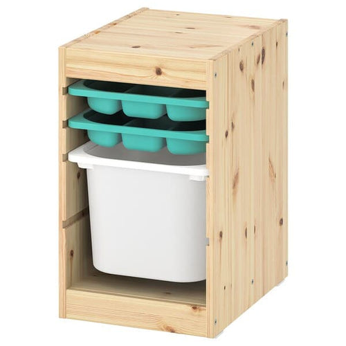 TROFAST - Storage combination with box/trays, light white stained pine turquoise/white, 32x44x52 cm