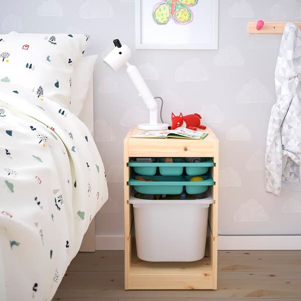 TROFAST - Storage combination with box/trays, light white stained pine turquoise/white, 32x44x52 cm - best price from Maltashopper.com 19521745
