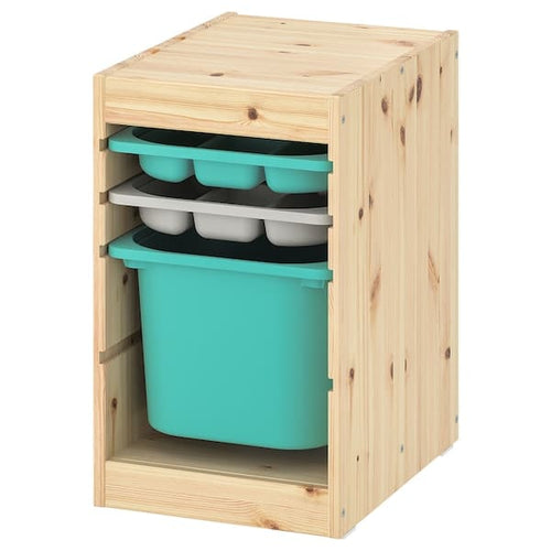 TROFAST - Storage combination with box/trays, light white stained pine turquoise/grey, 32x44x52 cm