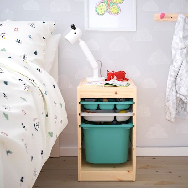TROFAST - Storage combination with box/trays, light white stained pine turquoise/grey, 32x44x52 cm - best price from Maltashopper.com 09533273