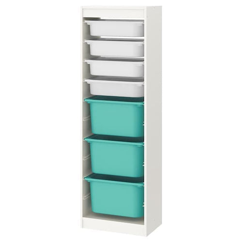 TROFAST - Storage combination with boxes, white/white turquoise, 46x30x145 cm