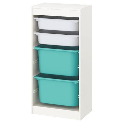 TROFAST - Storage combination with boxes, white/white turquoise, 46x30x94 cm