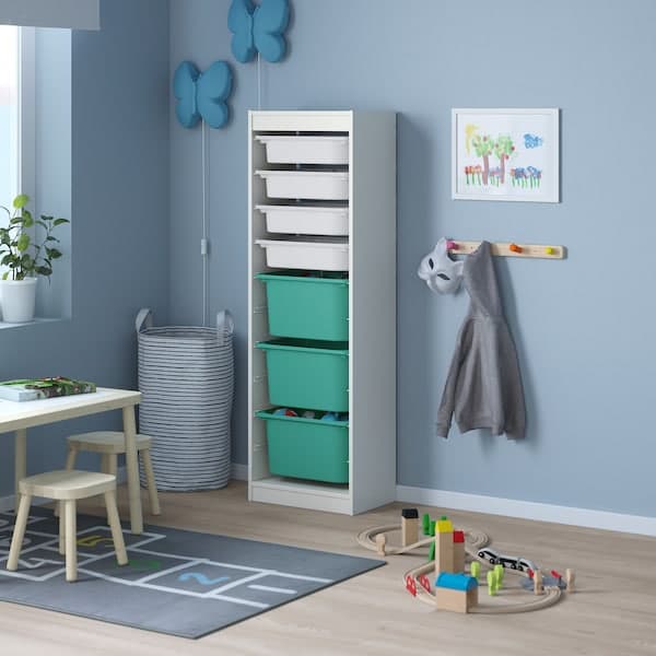TROFAST - Storage combination with boxes, white/white turquoise, 46x30x145 cm - best price from Maltashopper.com 19329422