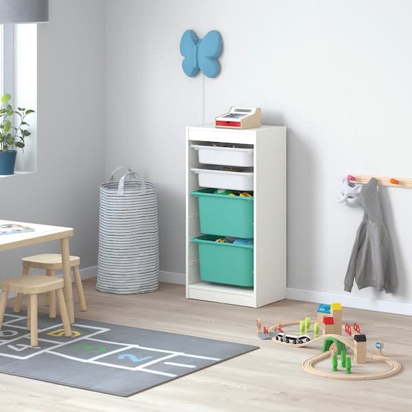 TROFAST - Storage combination with boxes, white/white turquoise