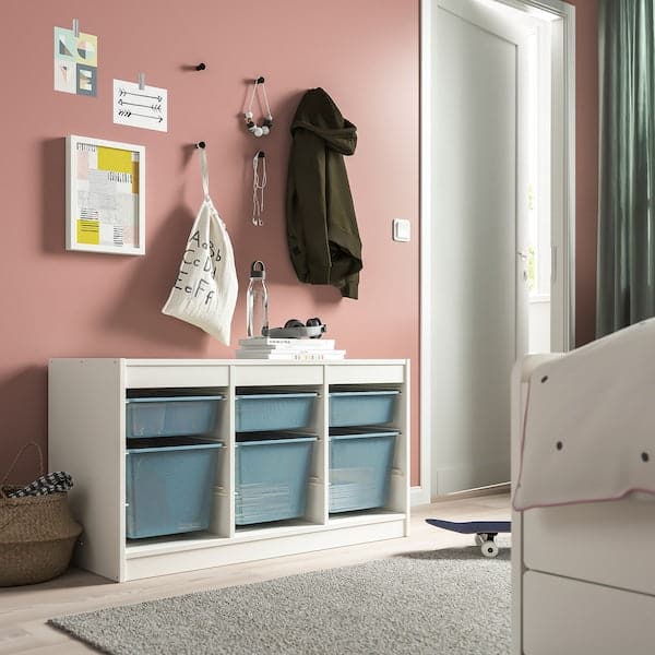 TROFAST - Storage combination with boxes, white/grey-blue, 99x44x56 cm - best price from Maltashopper.com 49479839