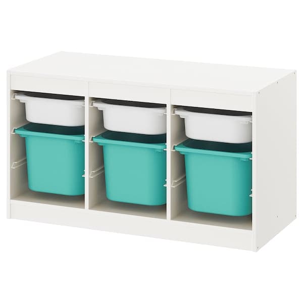 TROFAST - Storage combination with boxes, white/turquoise, 99x44x56 cm