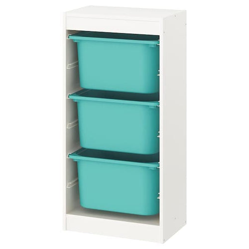 TROFAST - Storage combination with boxes, white/turquoise, 46x30x94 cm