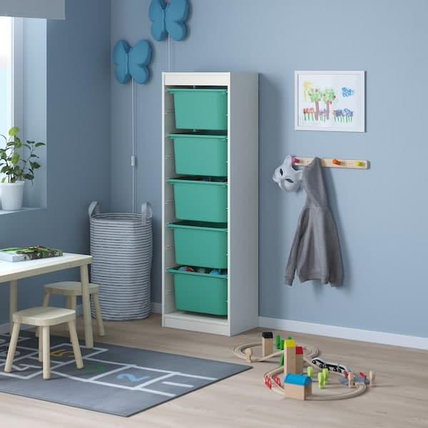 TROFAST - Storage combination with boxes, white/turquoise, 46x30x145 cm - best price from Maltashopper.com 49329468