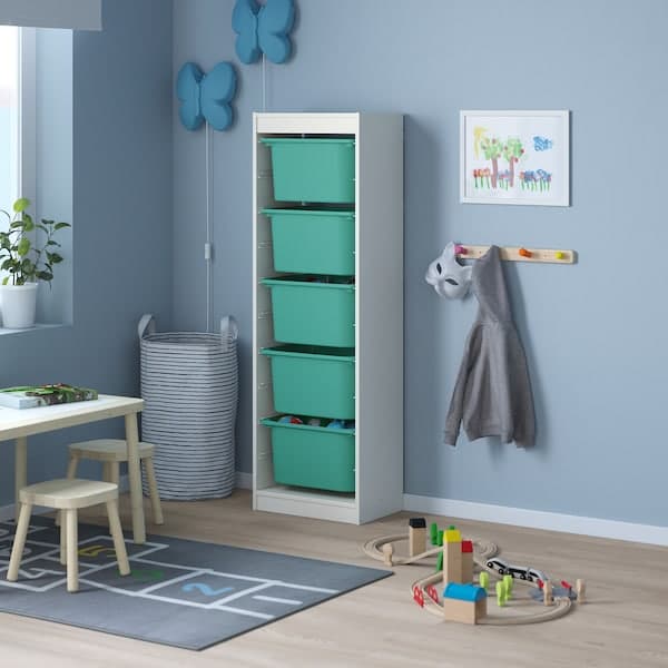 TROFAST - Storage combination with boxes, white/turquoise, 46x30x145 cm - best price from Maltashopper.com 59533317